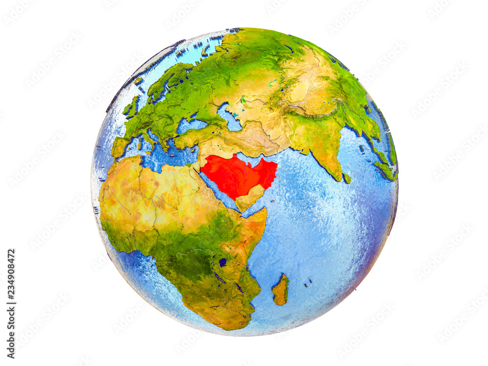 Arabia on 3D model of Earth with country borders and water in oceans. 3D illustration isolated on white background. Arabia on 3D model of Earth with country borders and water in oceans. 3D illustration isolated on white background.