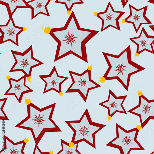 Winter seamless light blue pattern with chaotic Christmas decorations - stars in yellow and red colors