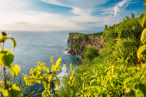 Ocean and rocky cliff with green trees in Uluwatu, Bali
