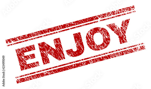 ENJOY seal print with grunge texture. Red vector rubber print of ENJOY text with scratched texture. Text label is placed between double parallel lines.