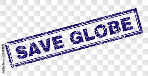 SAVE GLOBE stamp seal imprint with rubber print style and double framed rectangle shape. Stamp is placed on a transparent background. Blue vector rubber print of SAVE GLOBE caption with retro texture.
