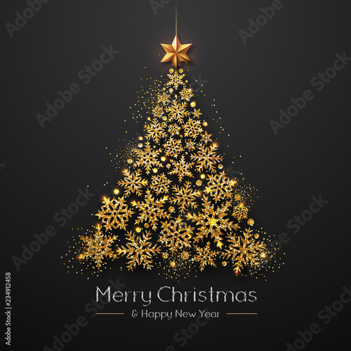 Christmas poster with golden Christmas tree. Christmas greeting card