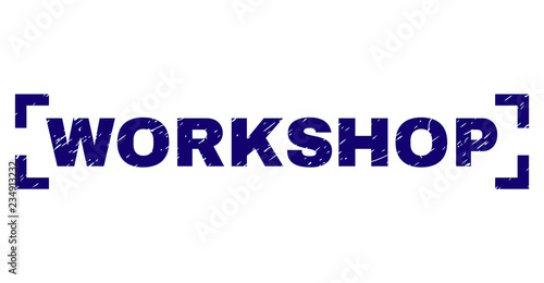 WORKSHOP label seal print with grunge texture. Text label is placed between corners. Blue vector rubber print of WORKSHOP with unclean texture.