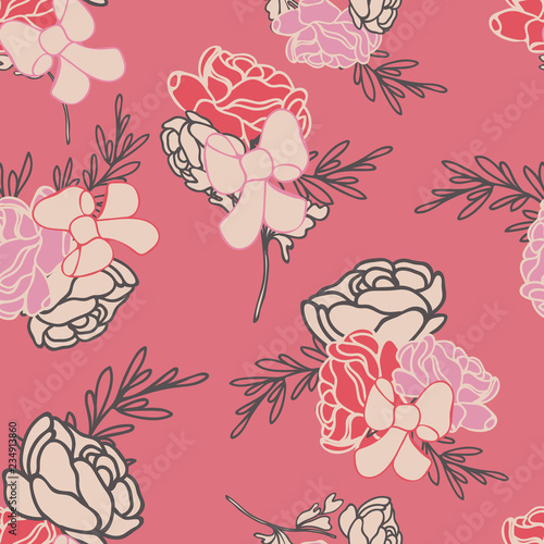 Vector Red Roses and Ribbons Seamless Pattern
