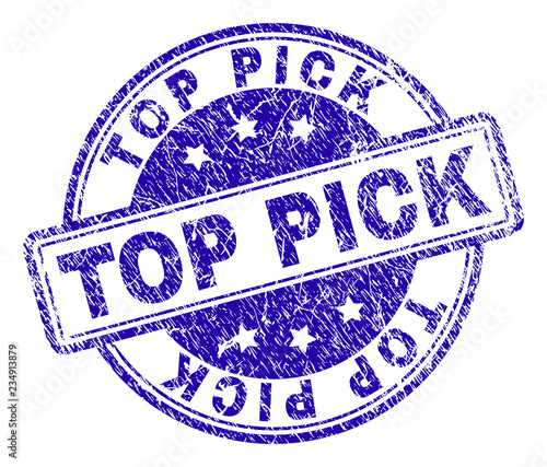TOP PICK stamp seal imprint with grunge texture. Designed with rounded rectangles and circles. Blue vector rubber print of TOP PICK label with grunge texture.