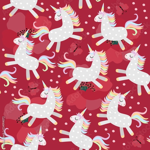 Seamless background with funny unicorns  poppy flowers and butterflies on bright red background in vector. Print for fabric  wallpaper.