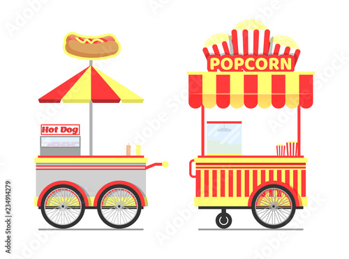 Street Food Carts with Tasty Popcorn and Hot Dogs