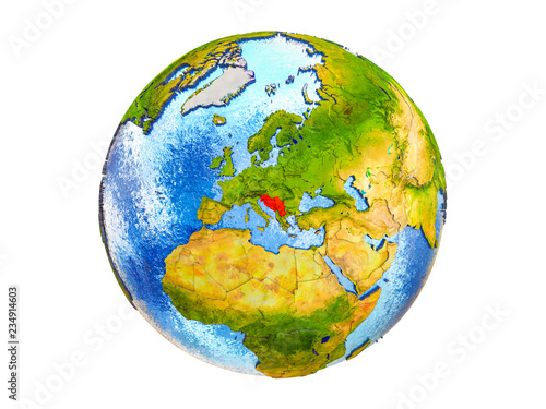 Former Yugoslavia on 3D model of Earth with country borders and water in oceans. 3D illustration isolated on white background.