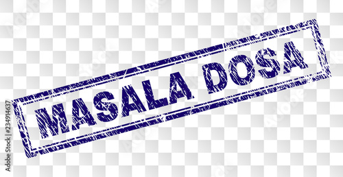 MASALA DOSA stamp seal watermark with rubber print style and double framed rectangle shape. Stamp is placed on a transparent background.