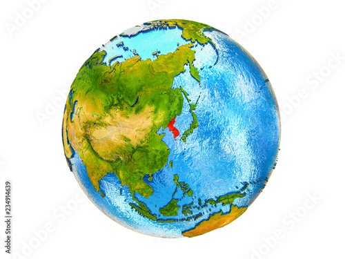 Fototapeta Naklejka Na Ścianę i Meble -  Korea on 3D model of Earth with country borders and water in oceans. 3D illustration isolated on white background.