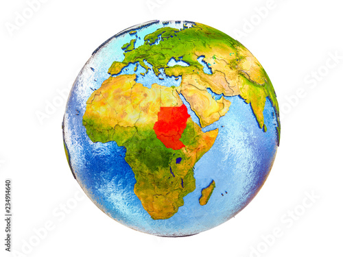 Former Sudan on 3D model of Earth with country borders and water in oceans. 3D illustration isolated on white background.