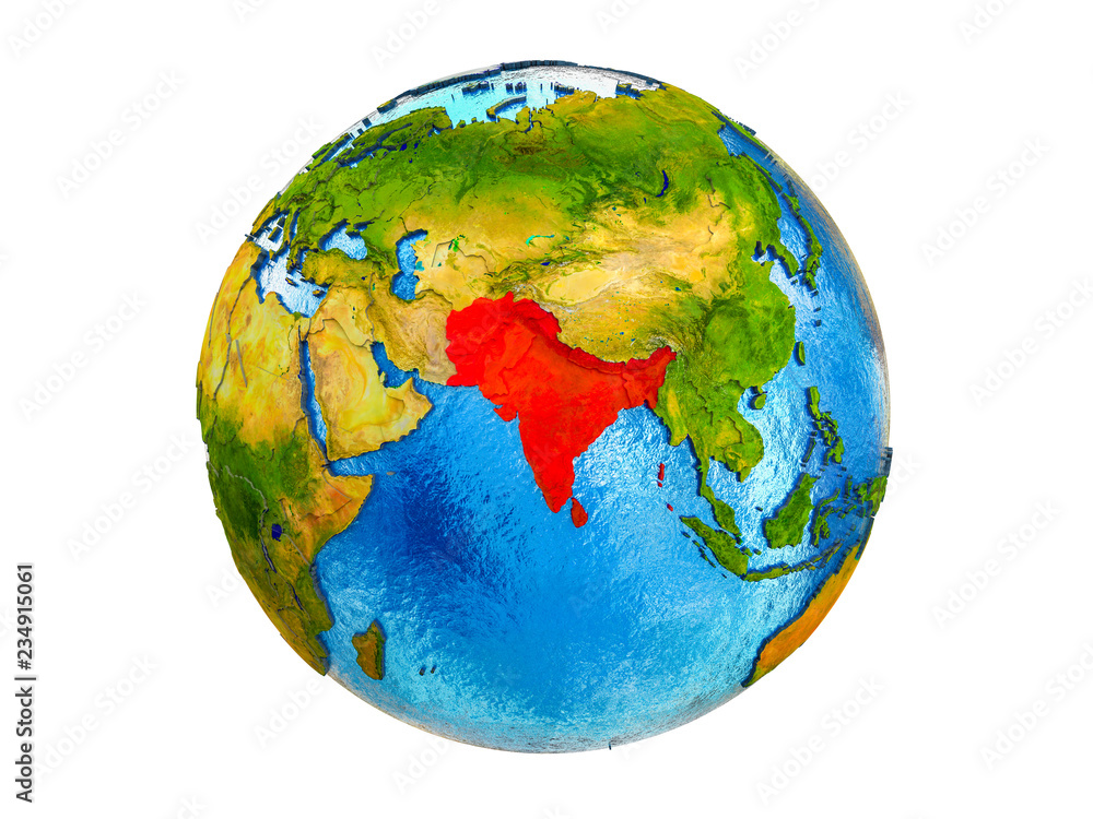 SAARC memeber states on 3D model of Earth with country borders and water in oceans. 3D illustration isolated on white background.