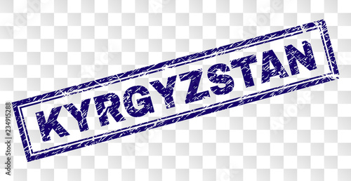 KYRGYZSTAN stamp seal imprint with rubber print style and double framed rectangle shape. Stamp is placed on a transparent background. Blue vector rubber print of KYRGYZSTAN text with unclean texture.