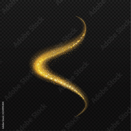 Glowing shiny golden spiral trail glittering sparkling element. Vector