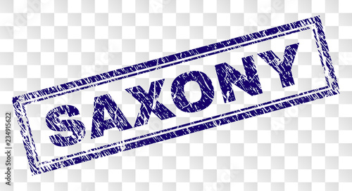 SAXONY stamp seal watermark with rubber print style and double framed rectangle shape. Stamp is placed on a transparent background. Blue vector rubber print of SAXONY title with unclean texture.