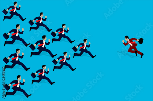 Different business concepts, Businessmen running the opposite direction. New ideas. Courage to risk. leadership. cartoon vector illustration.