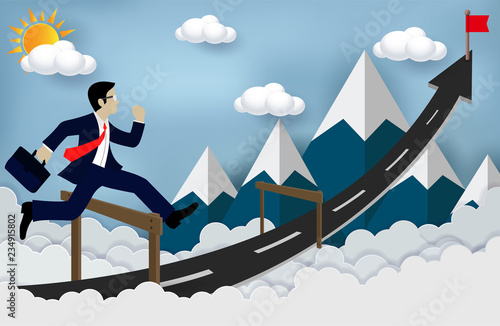 Concepts Business executives can jumping over obstacles on the road, be successful business arrows, and overcome problems or obstacles. Cartoon, illustration of sky with cloud and mountain. paper art