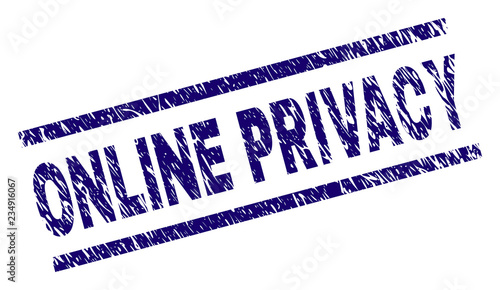 ONLINE PRIVACY seal print with distress style. Blue vector rubber print of ONLINE PRIVACY text with scratched texture. Text title is placed between parallel lines.