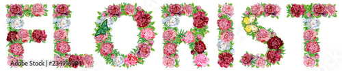 Word FLORIST of watercolor flowers for decoration