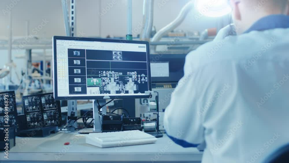 Electronics Factory Worker in White Work Coat Inspects a Printed Circuit Board on a Computer Screen that is connected to a Digital Microscope. High Tech Factory Facility. Electronics Factory Worker in White Work Coat Inspects a Printed Circuit Board on a Computer Screen that is connected to a Digital Microscope. High Tech Factory Facility.