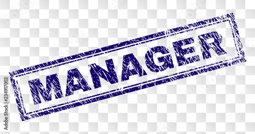 MANAGER stamp seal imprint with rubber print style and double framed rectangle shape. Stamp is placed on a transparent background. Blue vector rubber print of MANAGER caption with unclean texture.