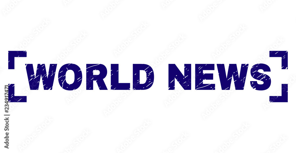 WORLD NEWS label seal print with grunge effect. Text title is placed inside corners. Blue vector rubber print of WORLD NEWS with grunge texture.