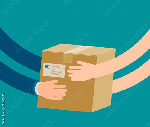 Courier hands parcel to customer. Delivery concept. Cartoon vector illustration