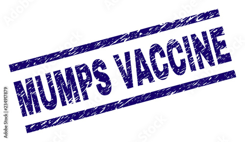 MUMPS VACCINE seal print with scratced style. Blue vector rubber print of MUMPS VACCINE text with scratched texture. Text label is placed between parallel lines.