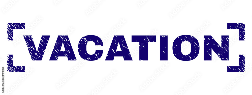VACATION caption seal stamp with corroded style. Text caption is placed between corners. Blue vector rubber print of VACATION with corroded texture. VACATION caption seal stamp with corroded style. Text caption is placed between corners. Blue vector rubber print of VACATION with corroded texture.