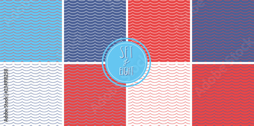 Set of eight simple harmonic maritime vector patterns with easy going wave shapes. Trendy minimal style. Great for apparel, wallpapers, backgrounds, home decor, scrapbooking, wrapping paper etc.
