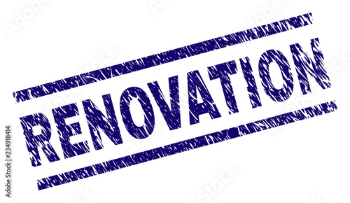 RENOVATION seal print with distress style. Blue vector rubber print of RENOVATION caption with dirty texture. Text caption is placed between parallel lines.