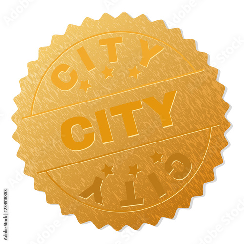 CITY gold stamp reward. Vector golden medal with CITY text. Text labels are placed between parallel lines and on circle. Golden surface has metallic effect.