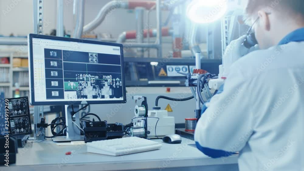 Electronics Factory Worker in White Work Coat Inspects a Printed Circuit Board on a Computer Screen that is connected to a Digital Microscope. High Tech Factory Facility. Electronics Factory Worker in White Work Coat Inspects a Printed Circuit Board on a Computer Screen that is connected to a Digital Microscope. High Tech Factory Facility.