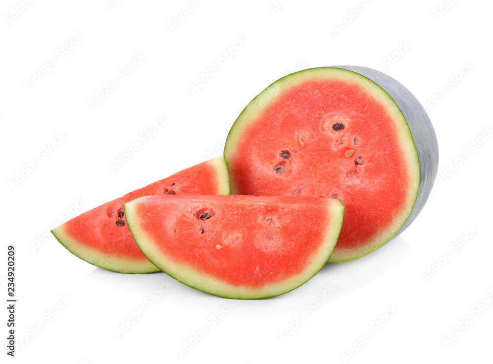 half and portion cut watermelon with seeds on white background half and portion cut watermelon with seeds on white background