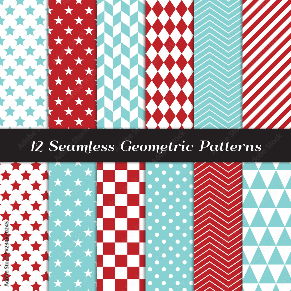Aqua Blue, Red Geometric Seamless Vector Patterns. Modern Christmas Backgrounds in Diamond, Chevron, Polka Dot, Checkerboard, Stars, Triangles, Herringbone and Stripes. Pattern Tile Swatches Included. Aqua Blue, Red Geometric Seamless Vector Patterns. Modern Christmas Backgrounds in Diamond, Chevron, Polka Dot, Checkerboard, Stars, Triangles, Herringbone and Stripes. Pattern Tile Swatches Included.