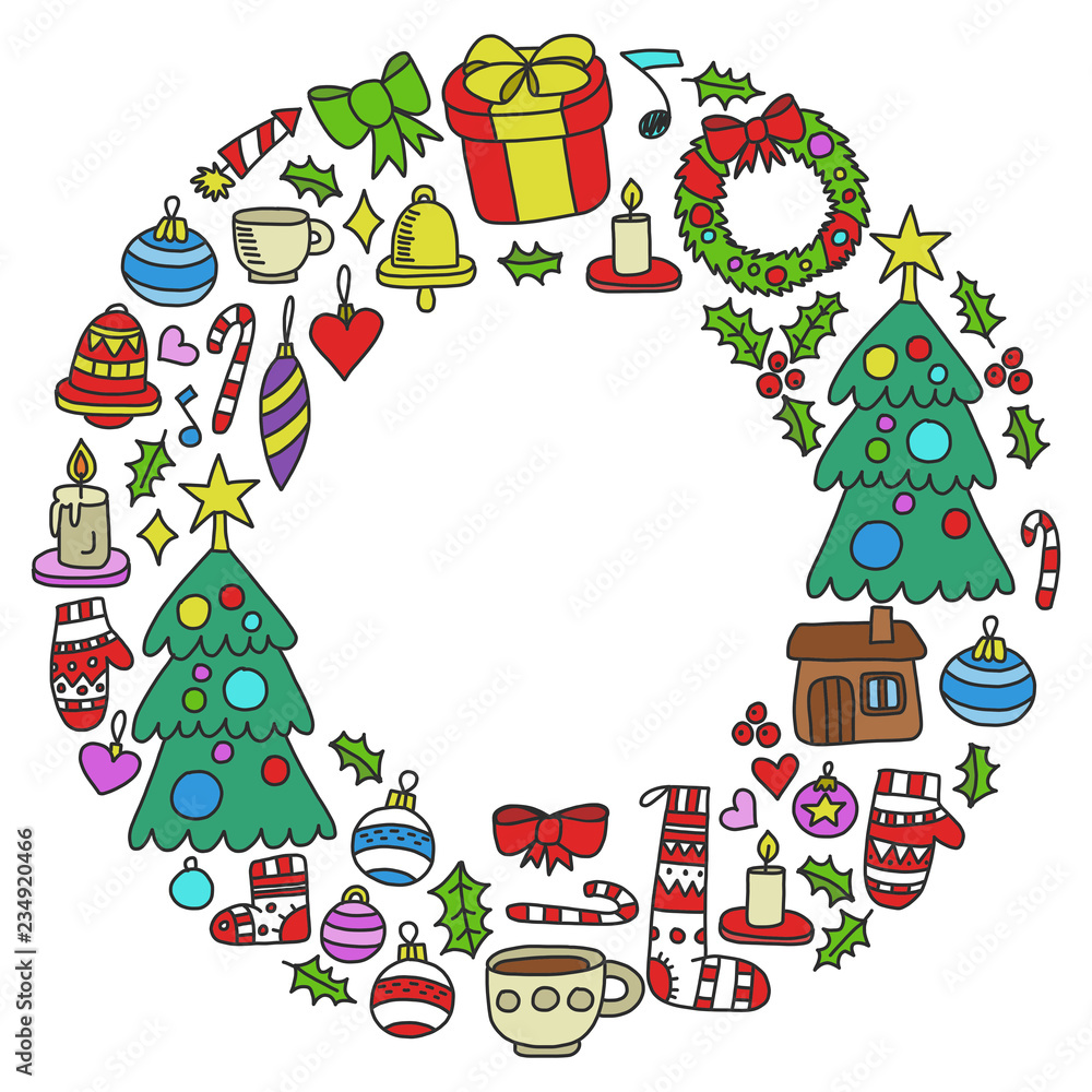 Christmas, holiday, winter, vector illustration. New Year's pattern, children's drawings with a teacher, donut Christmas, holiday, winter, vector illustration. New Year's pattern, children's drawings with a teacher, donut