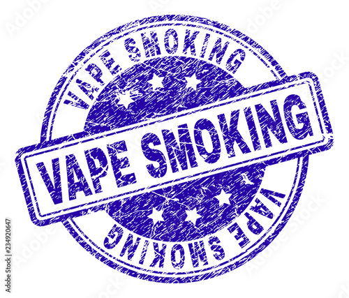 VAPE SMOKING stamp seal imprint with grunge texture. Designed with rounded rectangles and circles. Blue vector rubber print of VAPE SMOKING label with dust texture.