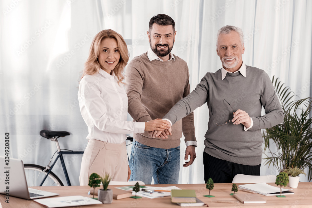 Fototapeta premium Happy colleagues holding hands together