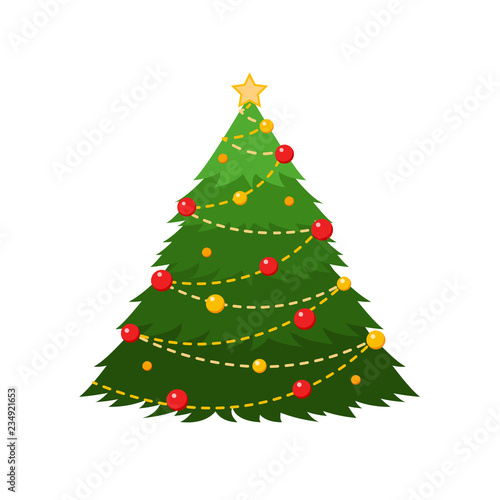 New Year tree with balls, flat vector postcard