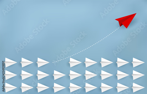 Red paper plane changing direction from white. New ideas. Different business concepts. Courage to risk. leadership. cartoon vector illustrations