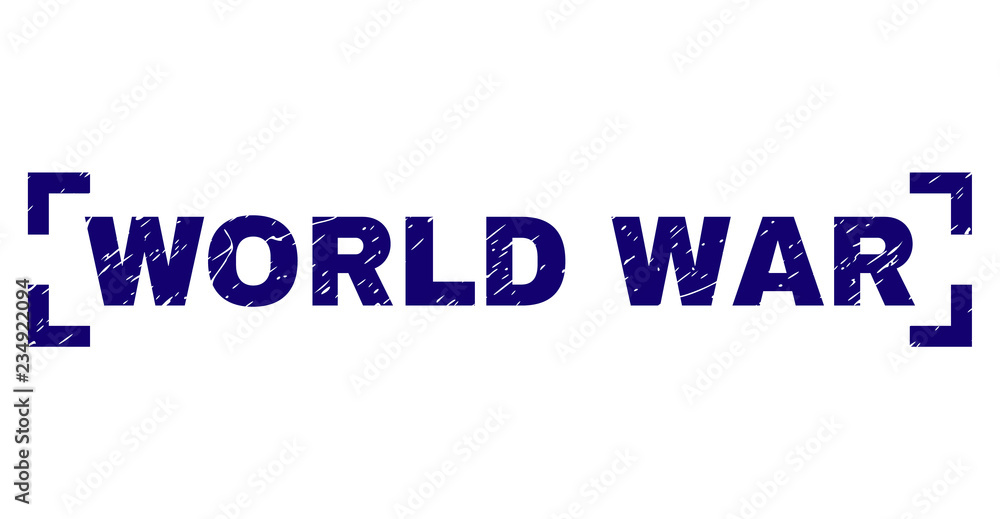 WORLD WAR title seal watermark with corroded texture. Text caption is placed inside corners. Blue vector rubber print of WORLD WAR with corroded texture.