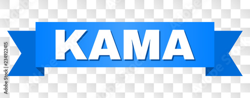 KAMA text on a ribbon. Designed with white caption and blue tape. Vector banner with KAMA tag on a transparent background.