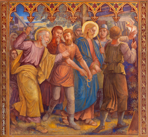 PRAGUE, CZECH REPUBLIC - OCTOBER 13, 2018: The fresco of Aresting of Jesus in Gethsemane garden in church kostel Svatého Václava by S. G. Rudl (1900).