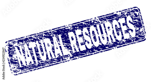 NATURAL RESOURCES stamp seal print with distress texture. Seal shape is a rounded rectangle with frame. Blue vector rubber print of NATURAL RESOURCES label with unclean texture.
