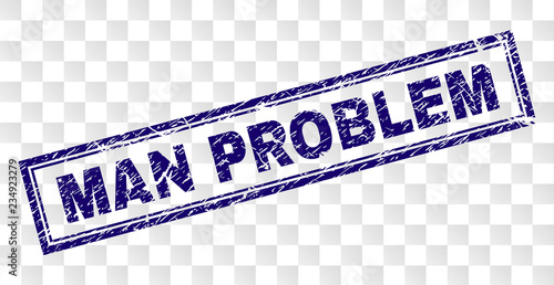 MAN PROBLEM stamp seal print with rubber print style and double framed rectangle shape. Stamp is placed on a transparent background.