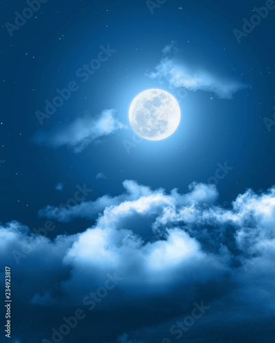 Mystical Night sky background with full moon, clouds and stars. Moonlight night with copy space for winter background