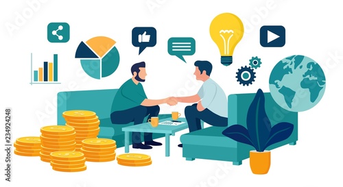 Partnership Concept. Financing of creative projects. Handshake of two business men. Agreement of parties. Signing documents. The investor holds money in ideas. Business team. Vector illustration.