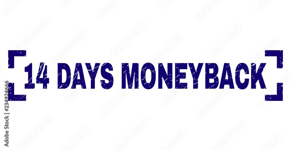 14 DAYS MONEYBACK text seal stamp with corroded texture. Text caption is placed inside corners. Blue vector rubber print of 14 DAYS MONEYBACK with corroded texture. 14 DAYS MONEYBACK text seal stamp with corroded texture. Text caption is placed inside corners. Blue vector rubber print of 14 DAYS MONEYBACK with corroded texture.