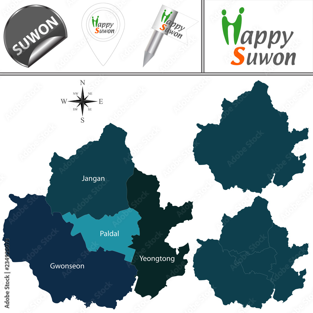 Fototapeta premium Map of Suwon, South Korea with Districts