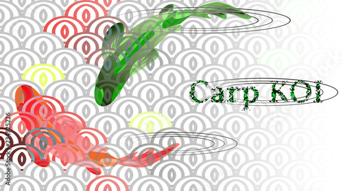 Set of Fish Carp Koi on background of national oriental pattern, multi-colored fish scales Koi. Seamless pattern in soft colors.